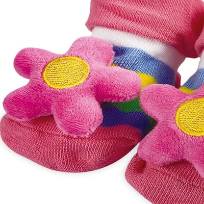 Meia De Bebê Antiderrapante Menina Infantil 6m a 1 ano Rosa Listrada Flor Adoleta Rosa