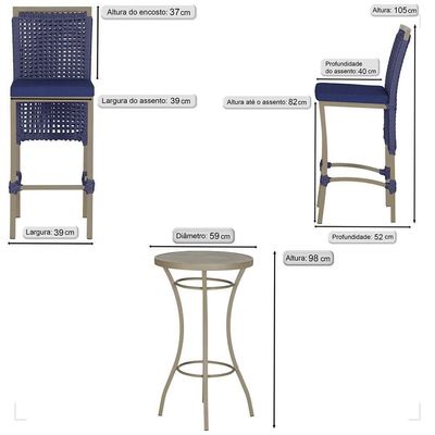 Mesa Bistrô E 2 Banquetas Roma Fendi Corda Estofado 10 Trama Azul