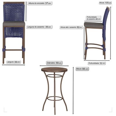 Mesa Bistro E 2 Banquetas Roma Marrom Corda Náutica 11 Azul