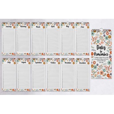 Calendário Perpétuo Floral Rústico de Parede, Lembrete de Aniversários e Eventos, Caderno/Agenda/Organizador com Cartão - Inkdotpot 27,94 Cm × 13,72 Cm / Multicolorido