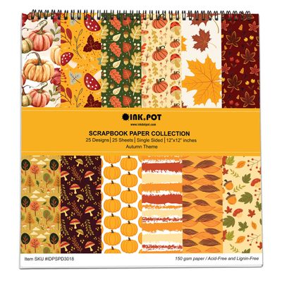 Bloco de 25 Folhas Texturizadas Tema Outono, Lado Único, Papel Cartão Colorido para Scrapbook, DIY, Cartões e Diário - Inkdotpot 15,24 Cm × 15,24 Cm / Multicolorido