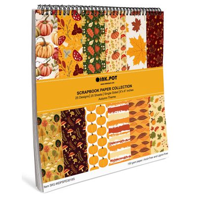 Bloco de 25 Folhas Texturizadas Tema Outono, Lado Único, Papel Cartão Colorido para Scrapbook, DIY, Cartões e Diário - Inkdotpot 15,24 Cm × 15,24 Cm / Multicolorido