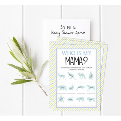 Pacote com 50 - Kit Chá de Bebê Menino: Quem É Minha Mamãe? Jogos, Atividades, Decorações, Itens Festa Tema Little Man - Inkdotpot 12,7 Cm × 17,78 Cm / Branco