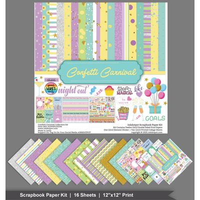 Kit Dupla Face de Papéis para Scrapbook e Cartões, Cardstock 30,5 x 30,5 cm, 16 Folhas Multicolorido com Folha de Adesivos - Inkdotpot 30,48 Cm × 30,48 Cm / Multicolorido