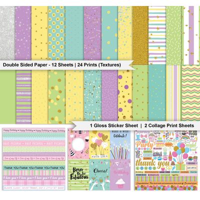 Kit Dupla Face de Papéis para Scrapbook e Cartões, Cardstock 30,5 x 30,5 cm, 16 Folhas Multicolorido com Folha de Adesivos - Inkdotpot 30,48 Cm × 30,48 Cm / Multicolorido