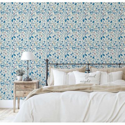 Papel de Parede Vinil Adesivo Floral Azul, Impermeável, para Quartos e Armários - S4Sassy 63,5 cm (L) × 609,6 cm (C) / Azul - Vinil Texturizado