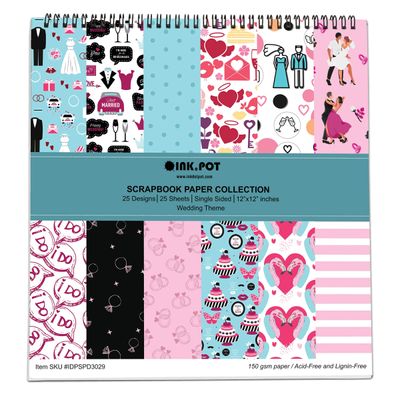 Bloco de Papel Scrapbook Tema Casamento 25 Folhas Lado Único Cartolina Colorida Fundo Decorativo para Cartões e Diário - Inkdotpot 30,48 Cm × 30,48 Cm / Multicolorido