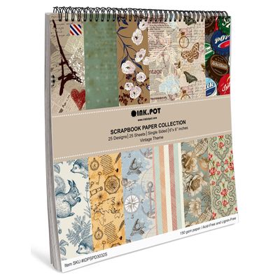 25 Folhas Bloco de Papel Scrapbook Texturizado Tema Vintage Retrô, Lado Único, Cartão Colorido para Scrapbooking e Cartões - Inkdotpot 15,24 Cm × 15,24 Cm / Multicolorido
