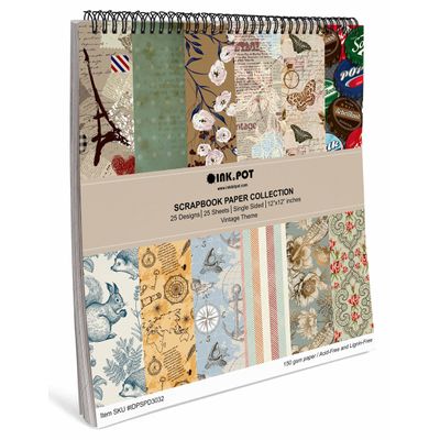 25 Folhas Bloco de Papel Scrapbook Texturizado Tema Vintage Retrô, Lado Único, Cartão Colorido para Scrapbooking e Cartões - Inkdotpot 15,24 Cm × 15,24 Cm / Multicolorido