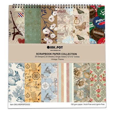 25 Folhas Bloco de Papel Scrapbook Texturizado Tema Vintage Retrô, Lado Único, Cartão Colorido para Scrapbooking e Cartões - Inkdotpot 15,24 Cm × 15,24 Cm / Multicolorido
