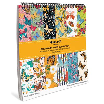 25 Folhas Estampadas de Borboletas para Scrapbook, Papel Lado Único, Cartão Colorido, Fundo Decorativo para Diário e Artesanato - Inkdotpot 15,24 Cm × 15,24 Cm / Multicolorido