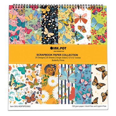 25 Folhas Estampadas de Borboletas para Scrapbook, Papel Lado Único, Cartão Colorido, Fundo Decorativo para Diário e Artesanato - Inkdotpot 15,24 Cm × 15,24 Cm / Multicolorido
