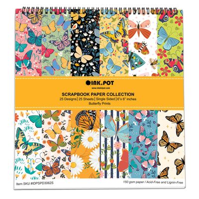 25 Folhas Estampadas de Borboletas para Scrapbook, Papel Lado Único, Cartão Colorido, Fundo Decorativo para Diário e Artesanato - Inkdotpot 15,24 Cm × 15,24 Cm / Multicolorido