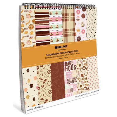 Bloco de Papel para Scrapbook Tema Padaria, 25 Folhas, Lado Único, Papel Cartão Colorido, Fundo Decorativo para Cartões e Diário - Inkdotpot 30,48 Cm × 30,48 Cm / Multicolorido