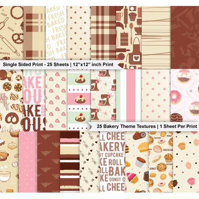 Bloco de Papel para Scrapbook Tema Padaria, 25 Folhas, Lado Único, Papel Cartão Colorido, Fundo Decorativo para Cartões e Diário - Inkdotpot 30,48 Cm × 30,48 Cm / Multicolorido