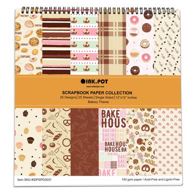 Bloco de Papel para Scrapbook Tema Padaria, 25 Folhas, Lado Único, Papel Cartão Colorido, Fundo Decorativo para Cartões e Diário - Inkdotpot 30,48 Cm × 30,48 Cm / Multicolorido