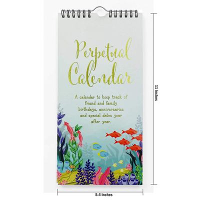 Calendário Perpétuo Aquático Rústico em Folha Dourada, Lembrete de Aniversário e Evento, Livro/Agenda/Org., Enfeite de Parede - Inkdotpot 27,94 Cm × 13,72 Cm / Azul