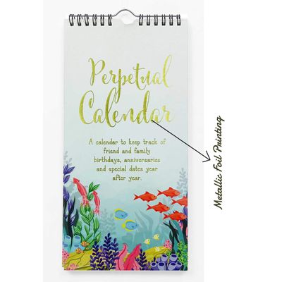 Calendário Perpétuo Aquático Rústico em Folha Dourada, Lembrete de Aniversário e Evento, Livro/Agenda/Org., Enfeite de Parede - Inkdotpot 27,94 Cm × 13,72 Cm / Azul