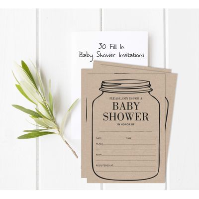 30 Cartões Rústicos Unissex para Chá de Bebê para Pote de Vidro Preenchíveis - Inkdotpot 12,7 Cm × 17,78 Cm / Marrom - Convite