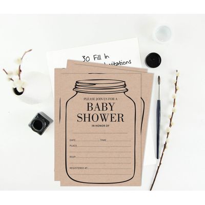 30 Cartões Rústicos Unissex para Chá de Bebê para Pote de Vidro Preenchíveis - Inkdotpot 12,7 Cm × 17,78 Cm / Marrom - Convite