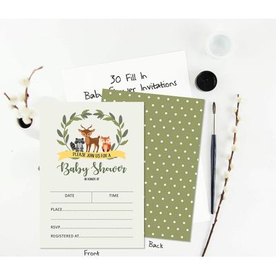 30 Cartões para Chá de Bebê, Animais da Selva, Neutros, para Preencher - Inkdotpot 10,16 Cm × 7,62 Cm / Verde - Livro pro Bebê