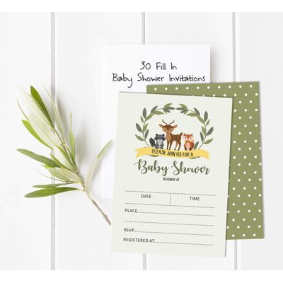 30 Cartões para Chá de Bebê, Animais da Selva, Neutros, para Preencher - Inkdotpot 10,16 Cm × 7,62 Cm / Verde - Livro pro Bebê