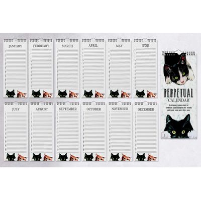 Gato Rústico Calendário Perpétuo de Parede, Lembrete de Aniversário e Evento Especial, Livro e Diário, Planejador e Organizador - Inkdotpot 27,94 Cm × 13,72 Cm / Branco