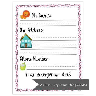Ficha Apagável Sei Meu Endereço e Tel. Laminada para Pré-Escola e Jardim de Infância, Atividades Homeschool com 2 Marcadores - Inkdotpot 21,59 Cm × 27,94 Cm / Branco