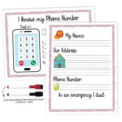 Ficha Apagável Sei Meu Endereço e Tel. Laminada para Pré-Escola e Jardim de Infância, Atividades Homeschool com 2 Marcadores - Inkdotpot 21,59 Cm × 27,94 Cm / Branco