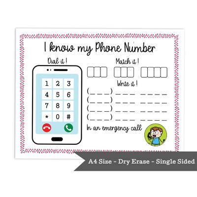 Ficha Apagável Sei Meu Endereço e Tel. Laminada para Pré-Escola e Jardim de Infância, Atividades Homeschool com 2 Marcadores - Inkdotpot 21,59 Cm × 27,94 Cm / Branco