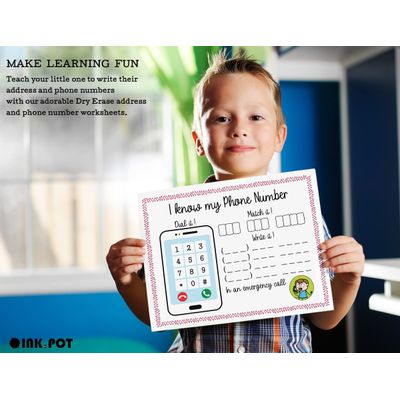 Ficha Apagável Sei Meu Endereço e Tel. Laminada para Pré-Escola e Jardim de Infância, Atividades Homeschool com 2 Marcadores - Inkdotpot 21,59 Cm × 27,94 Cm / Branco