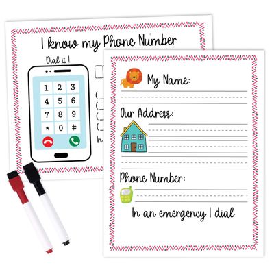 Ficha Apagável Sei Meu Endereço e Tel. Laminada para Pré-Escola e Jardim de Infância, Atividades Homeschool com 2 Marcadores - Inkdotpot 21,59 Cm × 27,94 Cm / Branco