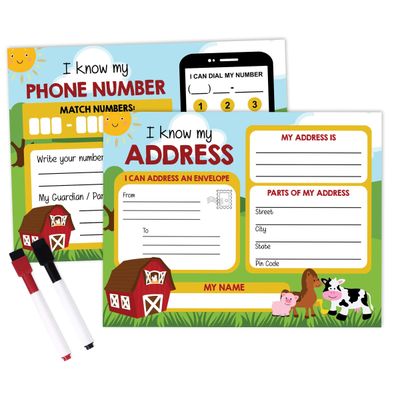 Folha Apagável a Seco: Sei Meu Endereço e Número de Telefone — Pré-Escola, Laminada, Atividades Domiciliares com 2 Marcadores - Inkdotpot 21,59 Cm × 27,94 Cm / Multicolorido