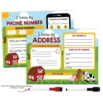 Folha Apagável a Seco: Sei Meu Endereço e Número de Telefone — Pré-Escola, Laminada, Atividades Domiciliares com 2 Marcadores - Inkdotpot 21,59 Cm × 27,94 Cm / Multicolorido