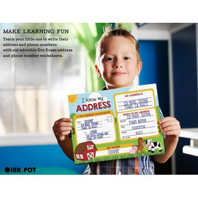Folha Apagável a Seco: Sei Meu Endereço e Número de Telefone — Pré-Escola, Laminada, Atividades Domiciliares com 2 Marcadores - Inkdotpot 21,59 Cm × 27,94 Cm / Multicolorido