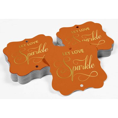 Etiquetas de Papel em Formato de Colchete com Acabamento Metalizado "Deixe o Amor Brilhar" para Lembrancinhas de Casamento - Inkdotpot 100 Etiquetas Metalizadas / Laranja - Ouro Rosé