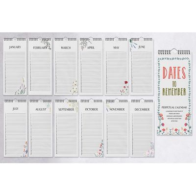 Calendário Perpétuo Rústico Floral de Parede, Lembrador de Aniversário e Eventos, Livro/Agenda/Organizador de Cartões - Inkdotpot 27,94 Cm × 13,72 Cm / Branco