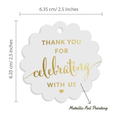 Etiquetas de Papel Foil "Obrigado por Celebrar Conosco" Chá de Bebê/Casamento/Aniversário - Inkdotpot 50 Etiquetas Metalizadas / Branco - Dourado