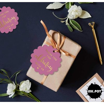 Etiquetas de Papel Laminado "Obrigado por Celebrar Conosco" Chá de Bebê/Noiva-Aposentadoria-Casamento-Aniversário - Inkdotpot 50 Etiquetas Metalizadas / Rosa - Ouro Rosé