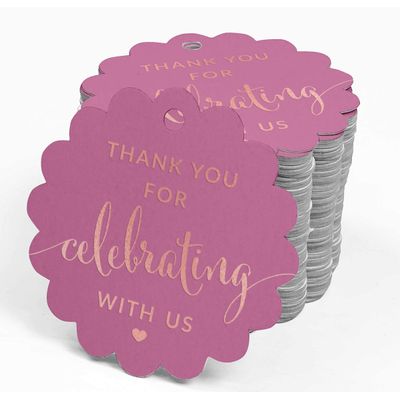 Etiquetas de Papel Laminado "Obrigado por Celebrar Conosco" Chá de Bebê/Noiva-Aposentadoria-Casamento-Aniversário - Inkdotpot 50 Etiquetas Metalizadas / Rosa - Ouro Rosé