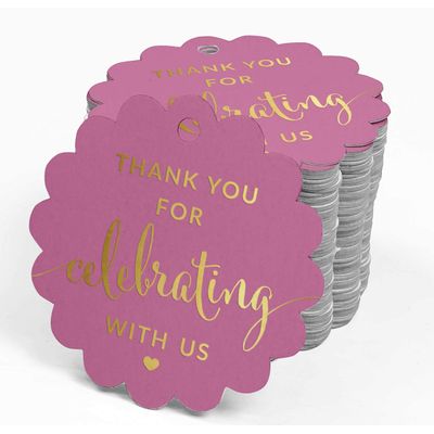 Etiquetas de Papel Laminado "Obrigado por Celebrar Conosco" Chá de Bebê/Noiva-Aposentadoria-Casamento-Aniversário - Inkdotpot 50 Etiquetas Metalizadas / Rosa - Ouro Rosé