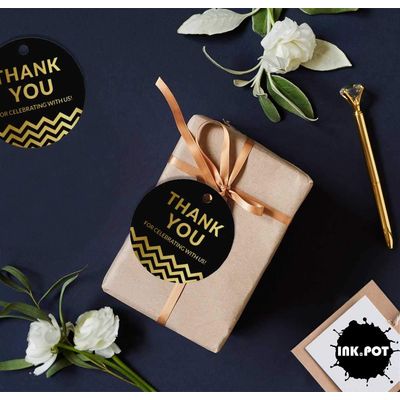 Etiquetas de Papel com Foil "Obrigado por Celebrar Conosco" para Festas e Eventos - Inkdotpot 100 Etiquetas Metalizadas / Preto - Dourado