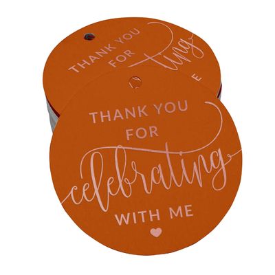 Etiquetas de Papel Metalizado para Lembrancinha de Aniversário "Obrigado por Celebrar Comigo" - Inkdotpot 100 Etiquetas Metalizadas / Laranja - Ouro Rosé