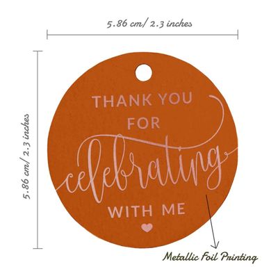 Etiquetas de Papel Metalizado para Lembrancinha de Aniversário "Obrigado por Celebrar Comigo" - Inkdotpot 100 Etiquetas Metalizadas / Laranja - Ouro Rosé