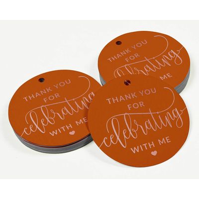 Etiquetas de Papel Metalizado para Lembrancinha de Aniversário "Obrigado por Celebrar Comigo" - Inkdotpot 100 Etiquetas Metalizadas / Laranja - Ouro Rosé