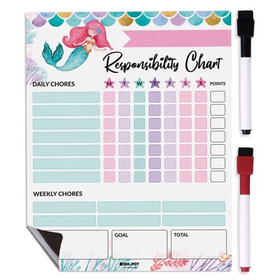 Quadro Magnético Apagável de Tarefas Semanal/Diário Infantil, Recompensas/Comportamento, Lista em Branco c/ 2 Canetas (Sereia) - Inkdotpot 21,59 Cm × 27,94 Cm / Multicolorido