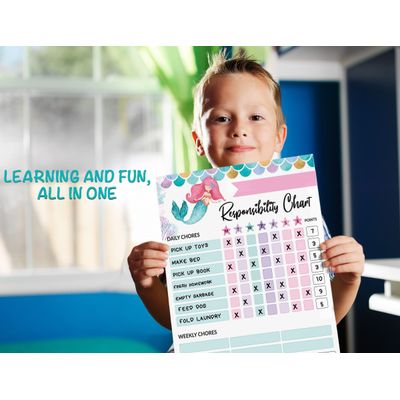 Quadro Magnético Apagável de Tarefas Semanal/Diário Infantil, Recompensas/Comportamento, Lista em Branco c/ 2 Canetas (Sereia) - Inkdotpot 21,59 Cm × 27,94 Cm / Multicolorido