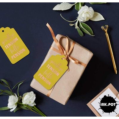 Etiquetas de Papel Metalizado para Pendurar 'Adeus Tensão, Olá Aposentadoria' para Lembrancinhas de Aposentadoria - Inkdotpot 50 Etiquetas Metalizadas / Amarelo - Ouro Rosé