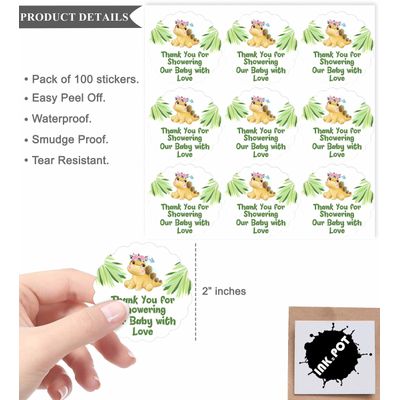 100 Adesivos Lembrancinha Chá de Bebê Revelação de Sexo - Rótulos Obrigado 5 cm Dinossauro Menina/Menino Selo para Envelope - Inkdotpot 5,08 Cm / Branco