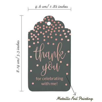 Obrigado Por Celebrar Comigo, Etiquetas de Papel para Lembrancinha de Aniversário com Foil Artesanal para Pendurar - Inkdotpot 100 Etiquetas Metalizadas / Cinza - Ouro Rosé